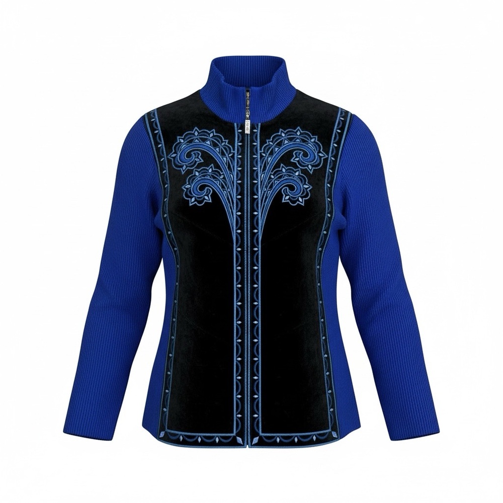 Bob Mackie Wearable Art Leather Suede Knit Embroidered Jacket Cobalt Blue L